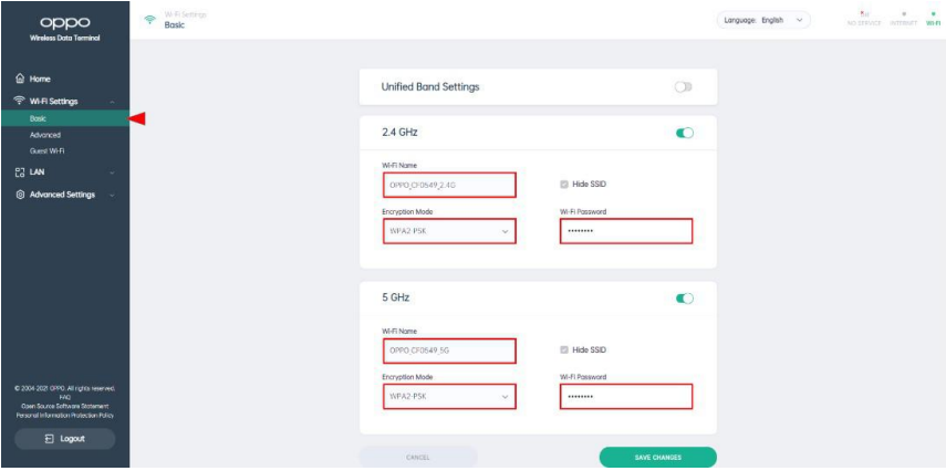 Oppo - 5G CPE T1a - Wi-Fi Name and Password Settings Wi-Fi Name and Password Settings