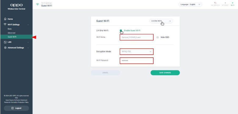 Oppo - 5G CPE T1a - Wi-Fi Settings - Guest Wi-Fi Wi-Fi Settings - Guest Wi-Fi