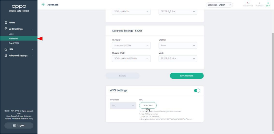 Oppo - 5G CPE T1a - WPS Settings WPS Settings