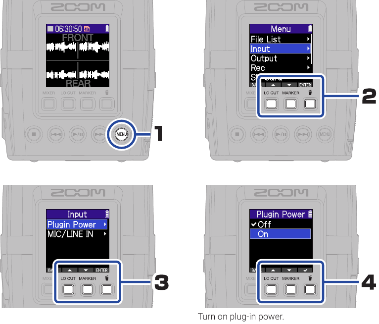 ZOOM - H2essential - Connecting mics that require plug-in power - Step 2 Connecting mics that require plug-in power - Step 2