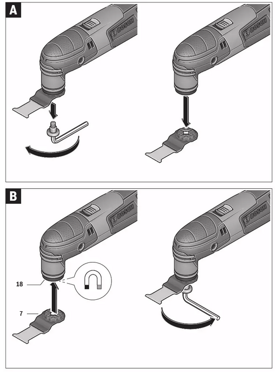Bosch - PMF 220 CE - Mounting/Replacing the Application Tool/Accessory Mounting/Replacing the Application Tool/Accessory