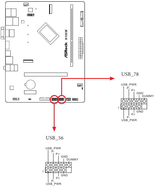 ASROCK - N100M - Installation - Step 11 - USB 2.0 Headers Installation - Step 11 - USB 2.0 Headers