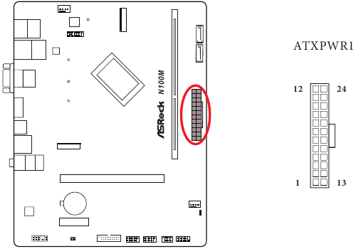 ASROCK - N100M - Installation - Step 15 - ATX Power Connector Installation - Step 15 - ATX Power Connector