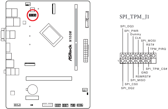 ASROCK - N100M - Installation - Step 16 - SPI TPM Header Installation - Step 16 - SPI TPM Header