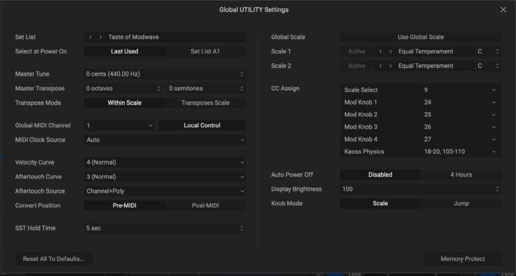 KORG - modwave - Editing Global UTILITY Settings - Restoring Defaults Editing Global UTILITY Settings - Restoring Defaults