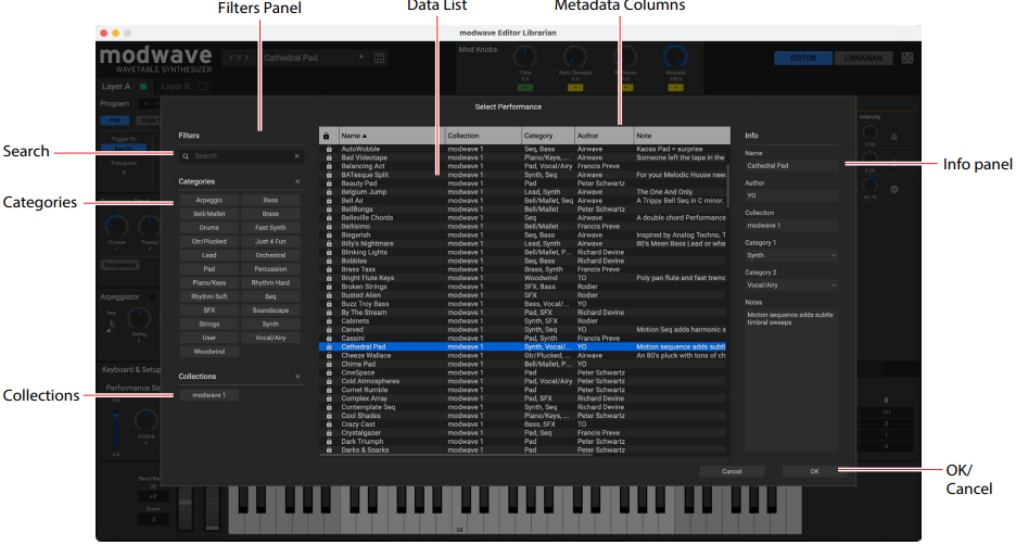 KORG - modwave - Using the Editor - Sound Browser Using the Editor - Sound Browser
