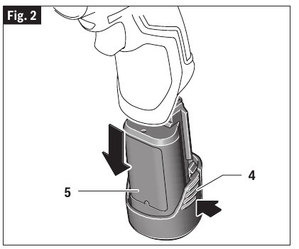 Bosch - GSR12V-300FC - Inserting and releasing battery pack Inserting and releasing battery pack