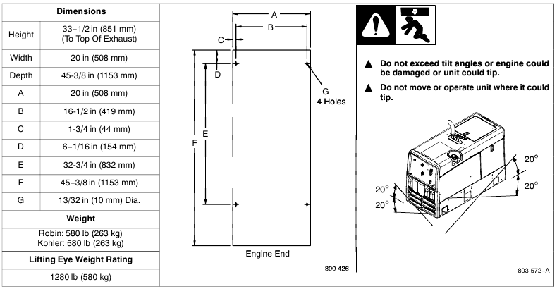 Miller - Trailblazer 302 - Dimensions, Weights, and Operating Angles Dimensions, Weights, and Operating Angles