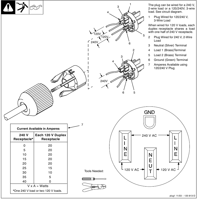 Miller - Trailblazer 302 - Wiring Instructions For Optional 240 Volt, Single-Phase Plug Wiring Instructions For Optional 240 Volt, Single-Phase Plug