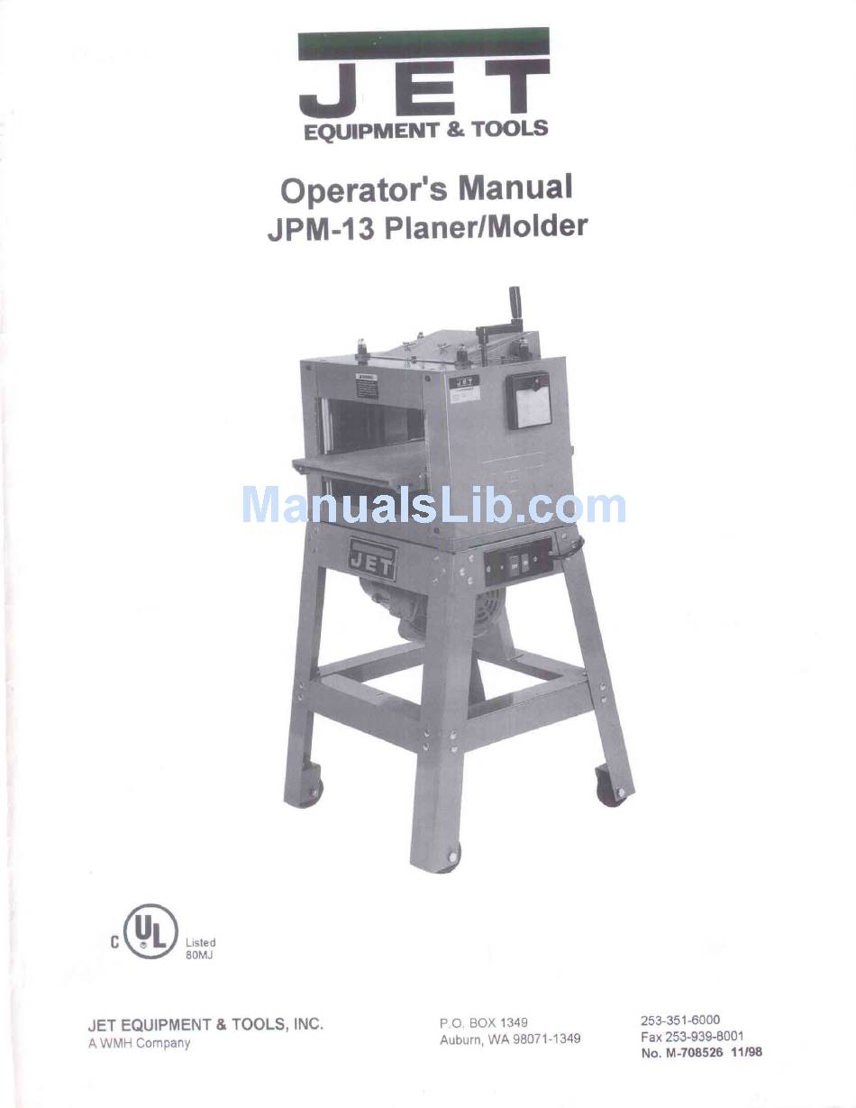 JET JPM-13 PLANER OPERATOR'S MANUAL | ManualsLib