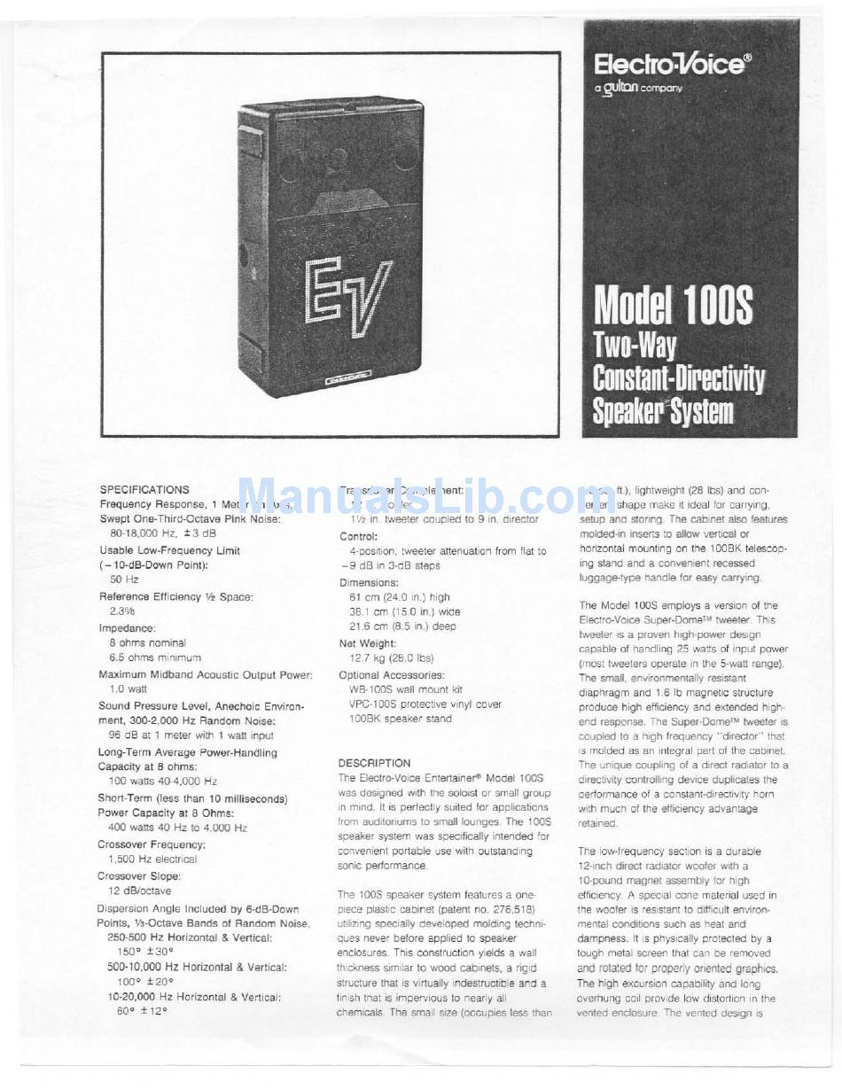 Electro Voice 100s Specification Sheet Pdf Download Manualslib