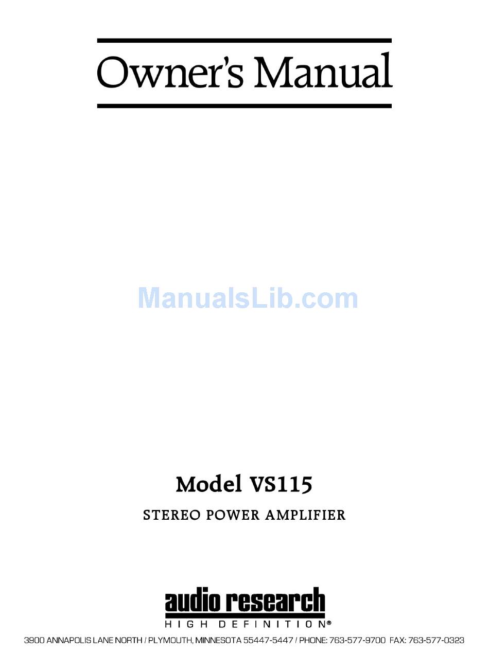 Audio Research Vs115 Owner S Manual Pdf Download Manualslib