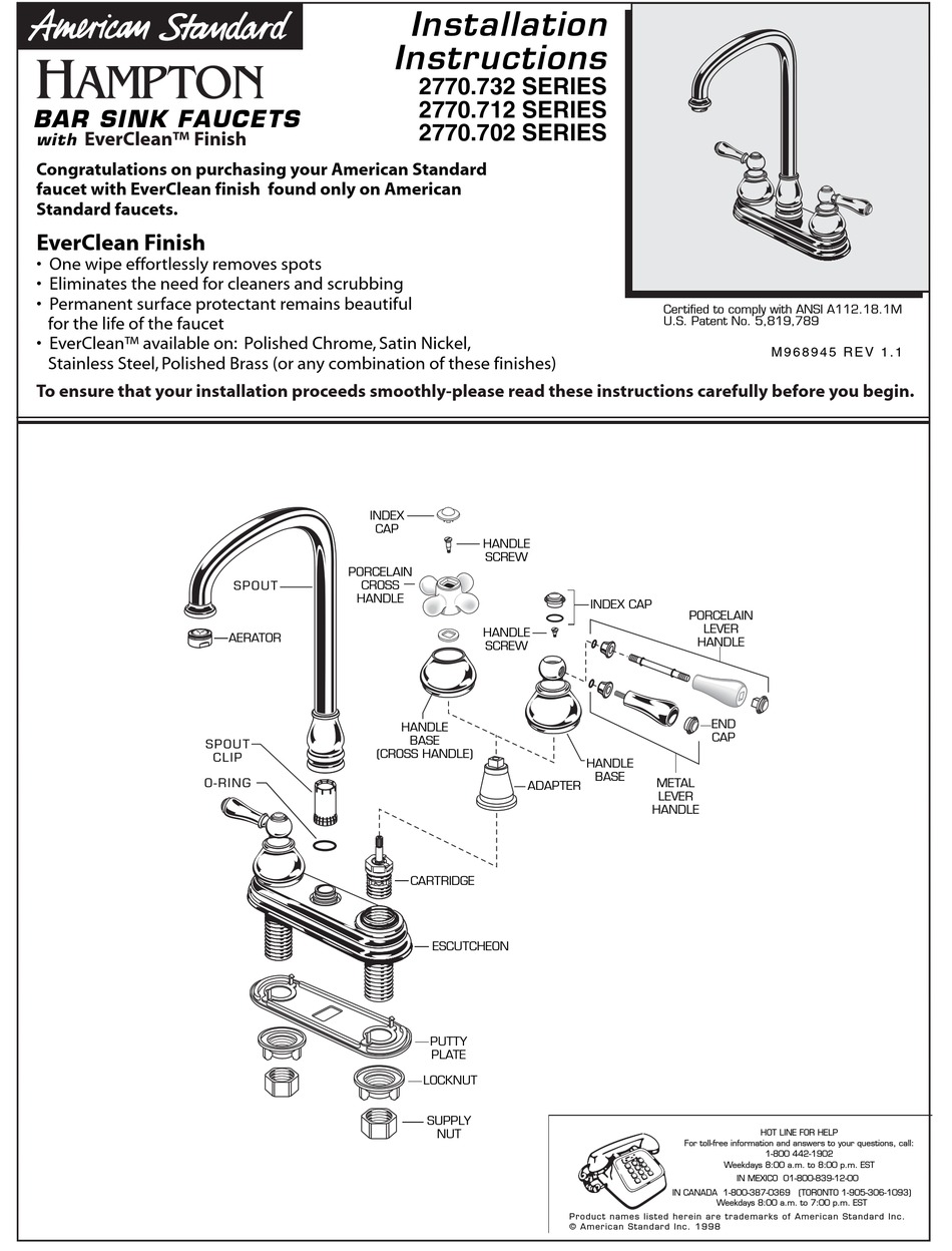 AMERICAN STANDARD HAMPTON 2770.702 SERIES INSTALLATION INSTRUCTIONS Pdf ...