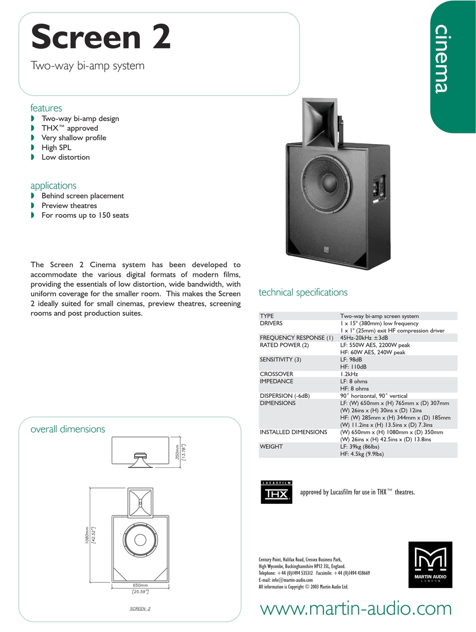 MARTIN AUDIO SCREEN 2 SPECIFICATIONS Pdf Download | ManualsLib