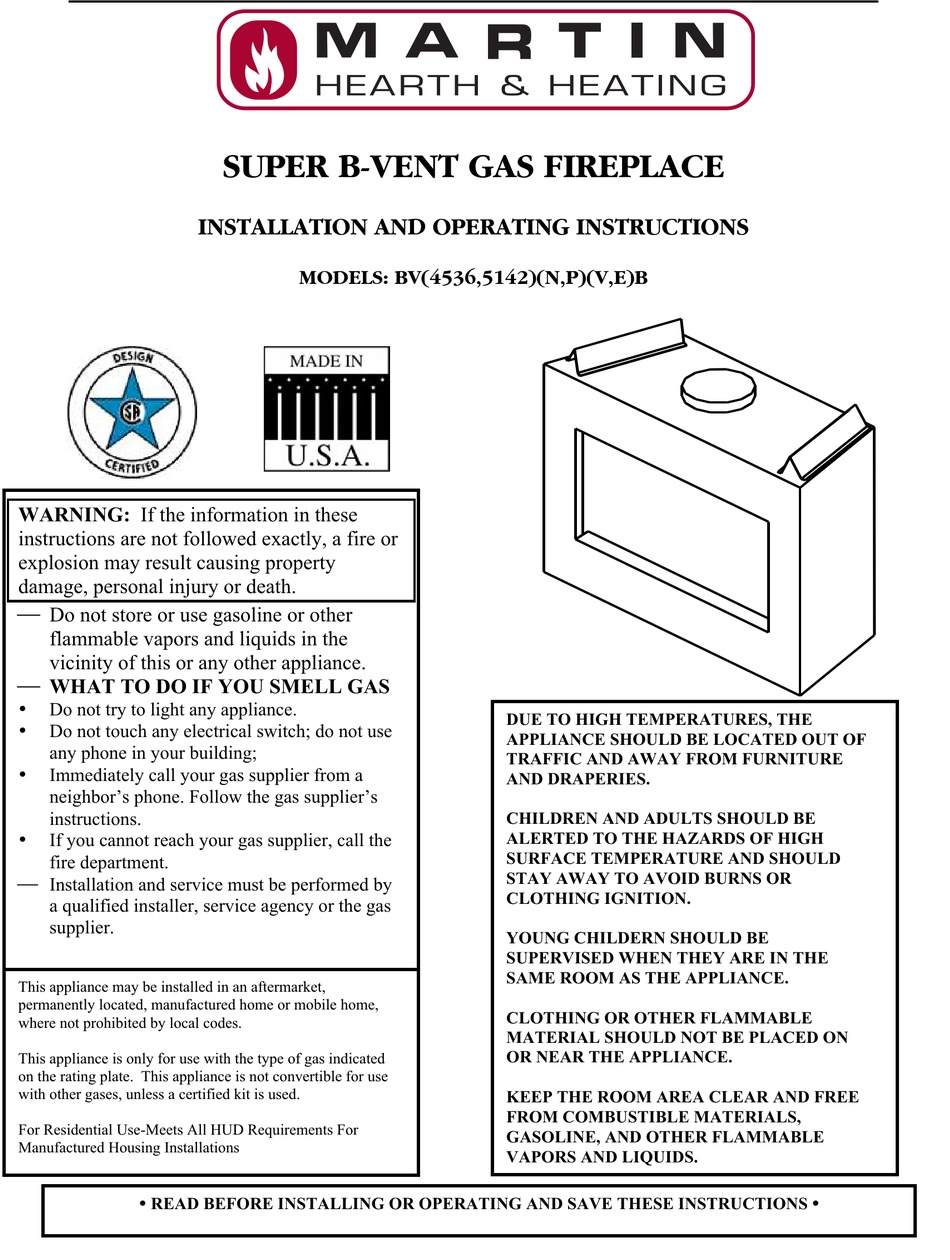 Operating Instructions Manual Pdf, Martin Gas Fireplace Replacement Parts