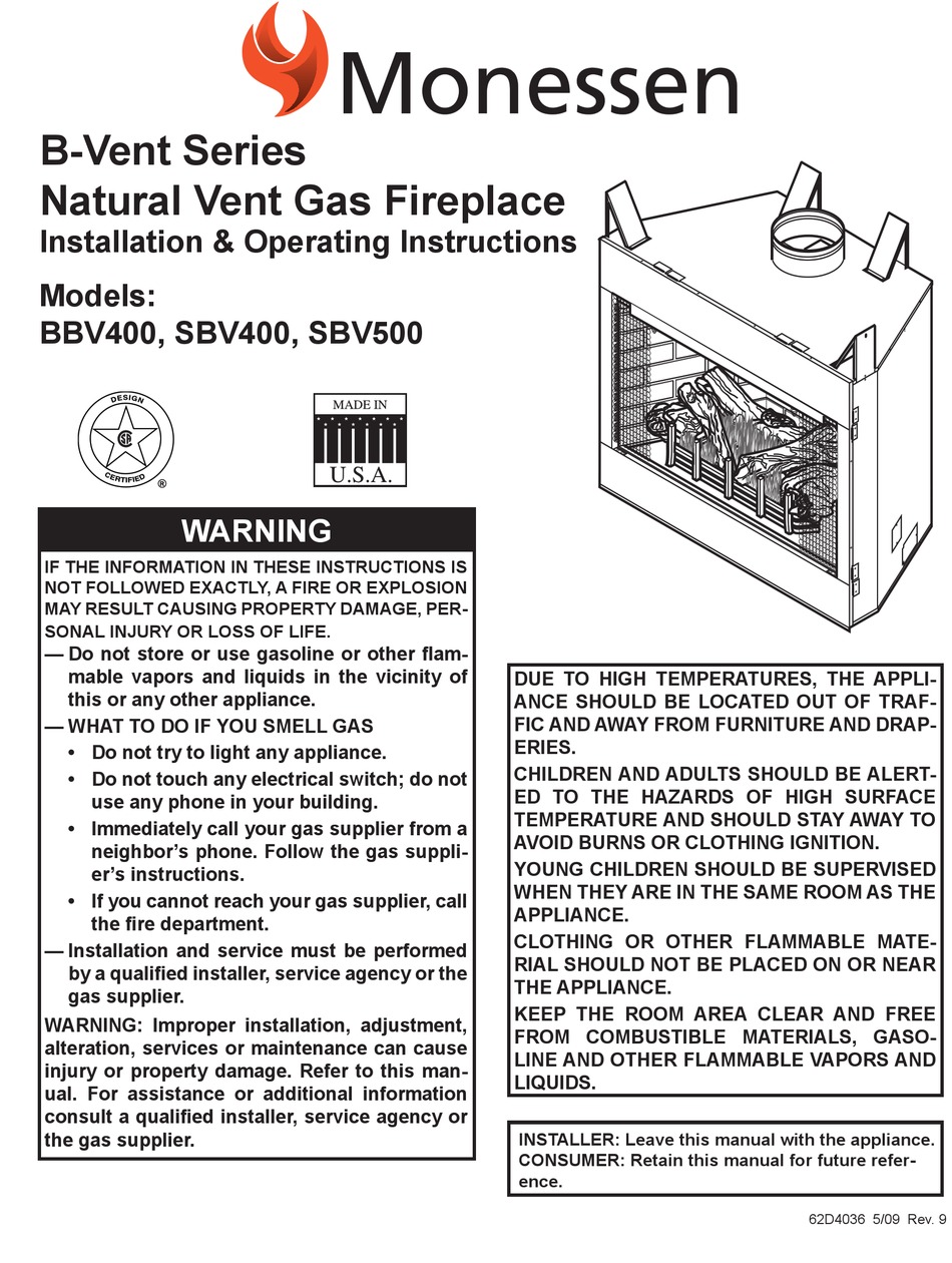 MONESSEN HEARTH B-VENT BBV400 INSTALLATION AND OPERATING INSTRUCTIONS ...