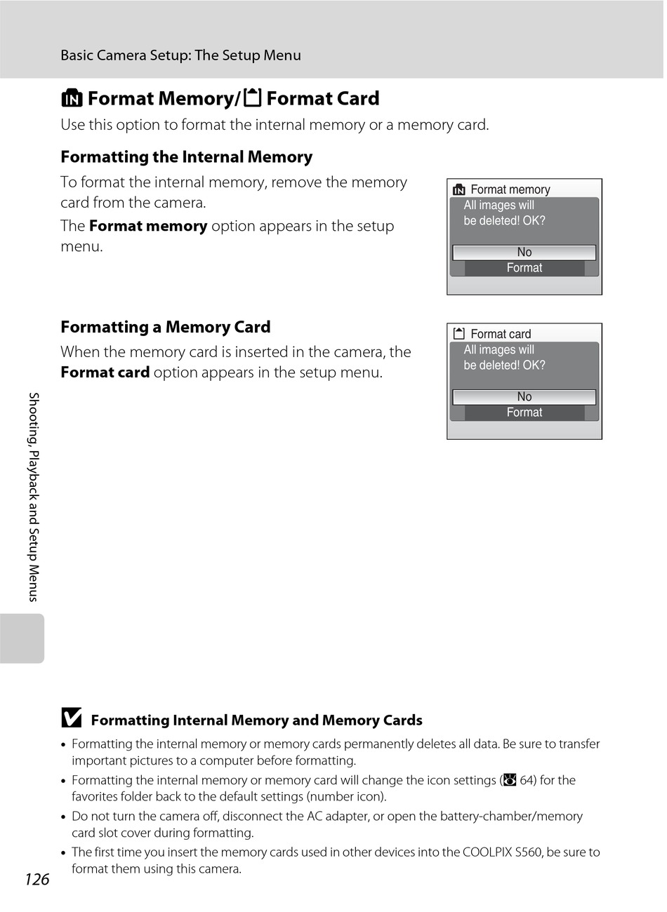 Format Memory/M Format Card - Nikon COOLPIX S560 User Manual [Page 140] |  ManualsLib
