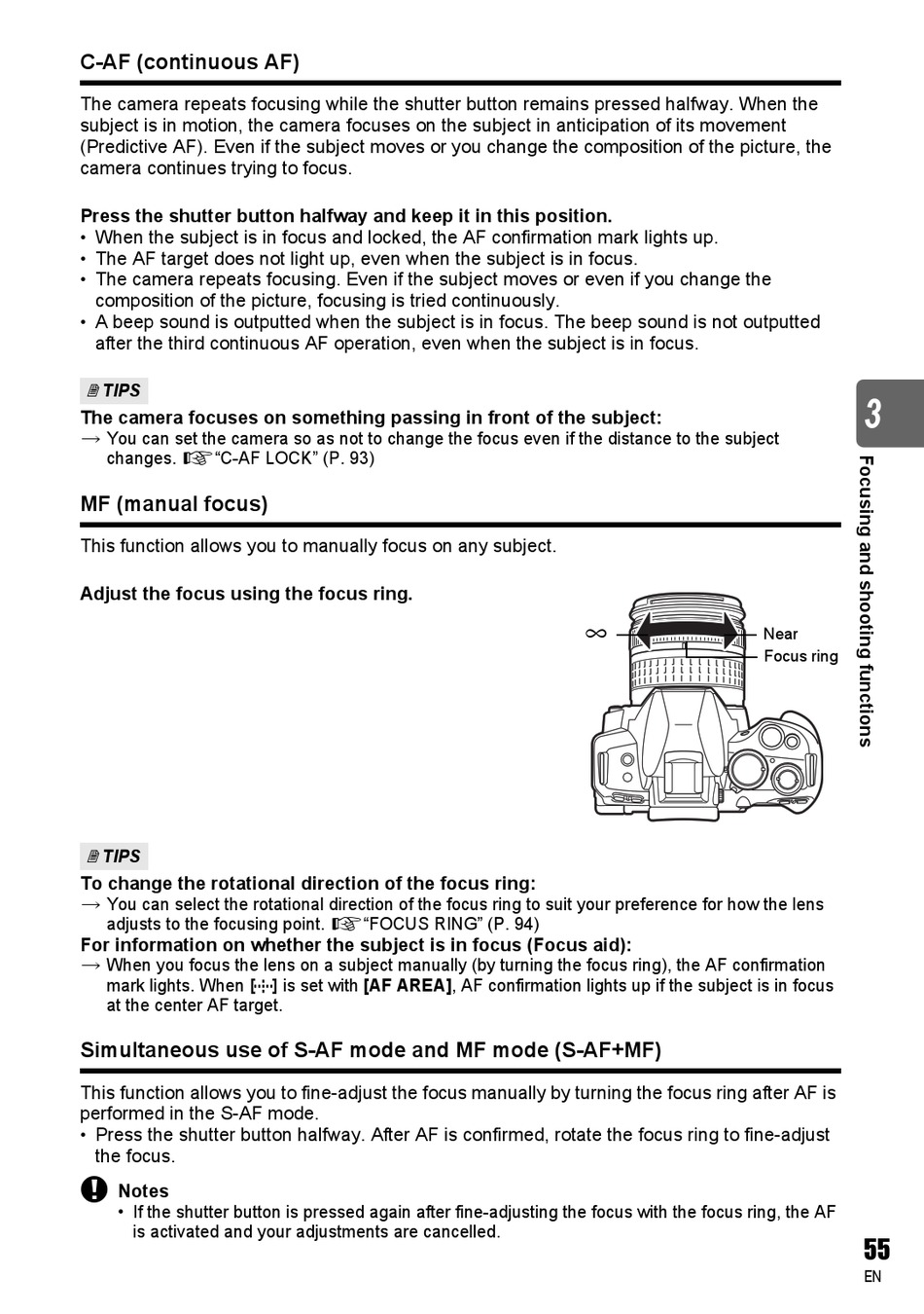 C Af Continuous Af Mf Manual Focus Simultaneous Use Of S Af Mode And Mf Mode S Af Mf Olympus E 600 Instruction Manual Page 55 Manualslib