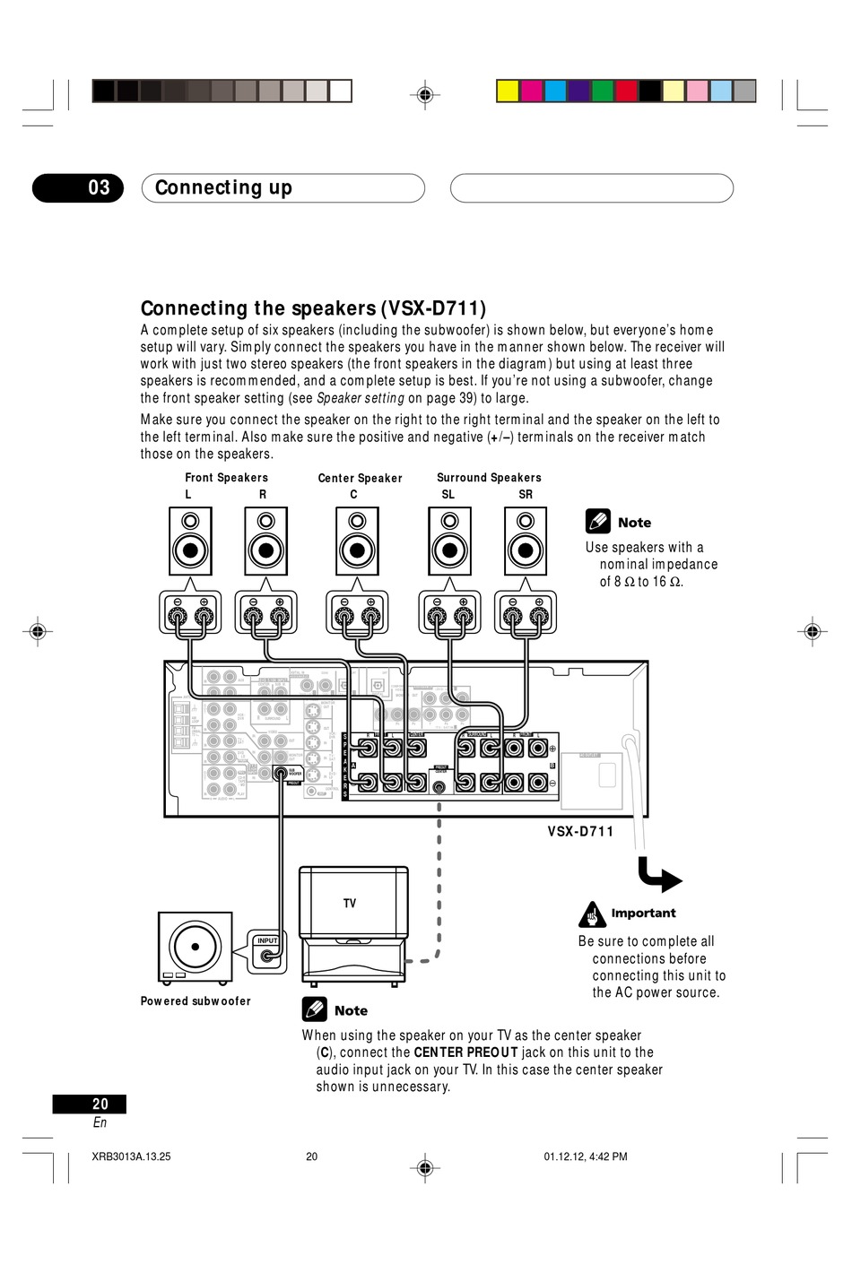 Pioneer VSXD41, VSXD511 Speaker Terminals, Connecting The