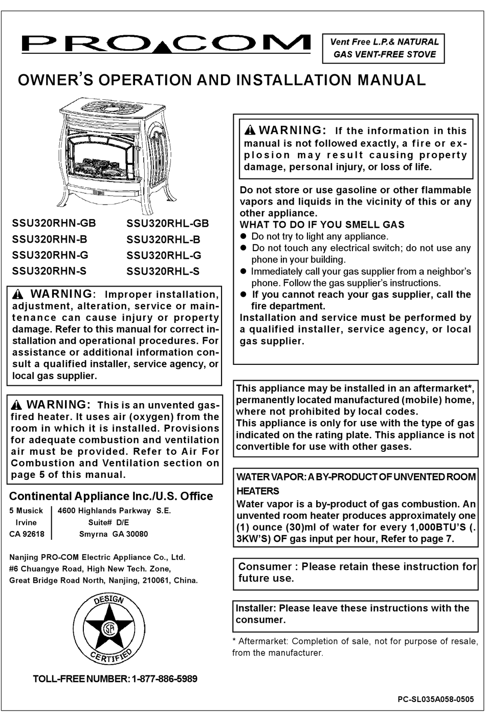 PROCOM SSU320RHL-B OWNER'S OPERATION AND INSTALLATION MANUAL Pdf ...