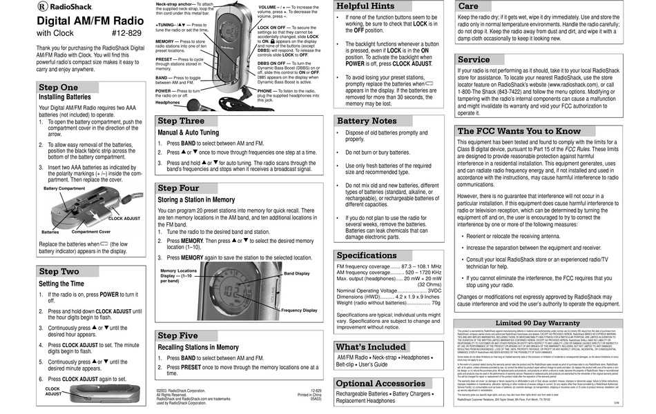 RADIO SHACK 12-829 USER MANUAL Pdf Download | ManualsLib