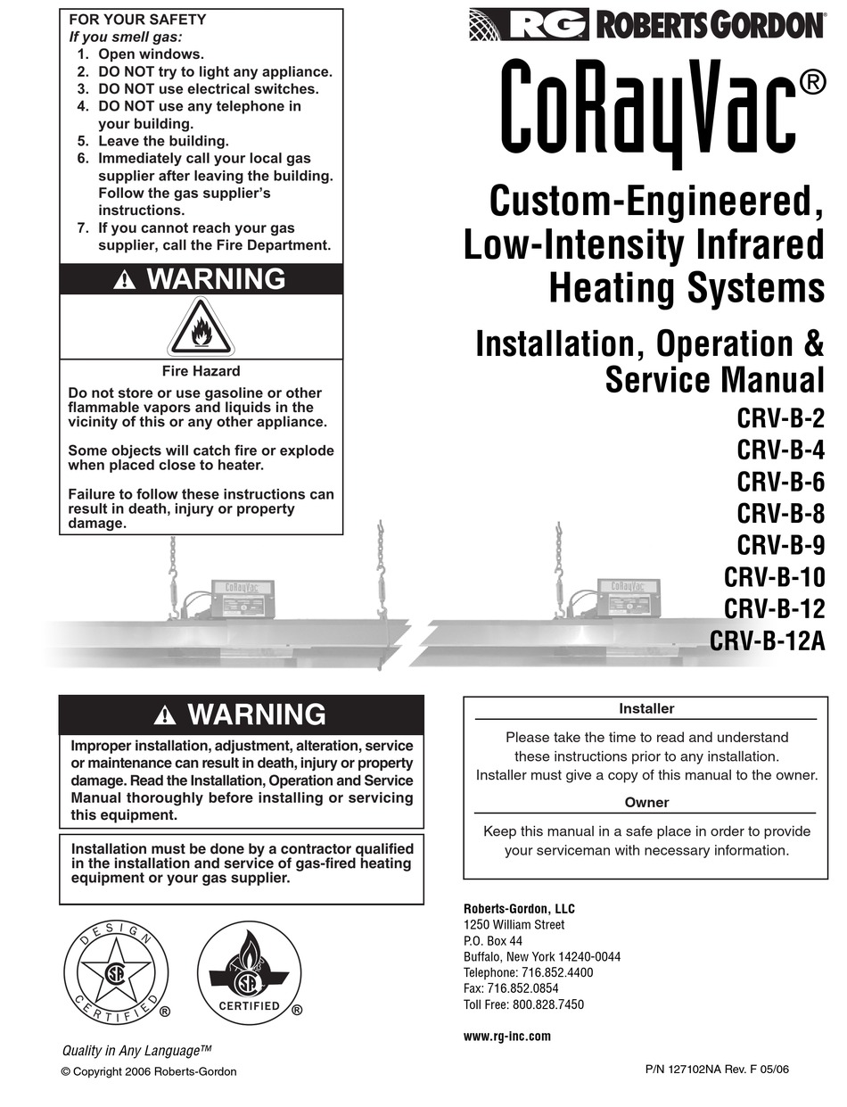 ROBERTS GORDEN CORAYVAC CRVB12 INSTALLATION & OPERATION MANUAL Pdf