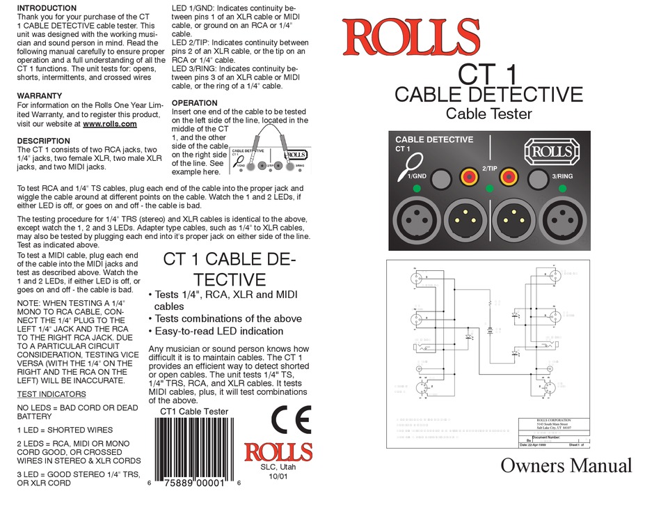 ROLLS CABLE DETECTIVE CABLE TESTER CT 1 OWNER'S MANUAL Pdf Download