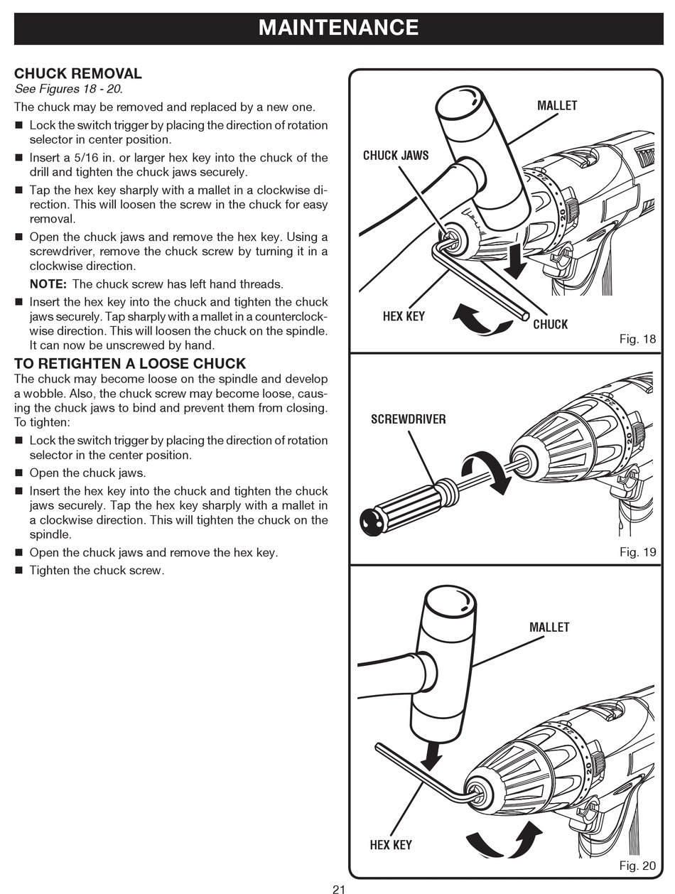 Chuck Removal - Ryobi P211 Operator's Manual [Page 21] | ManualsLib