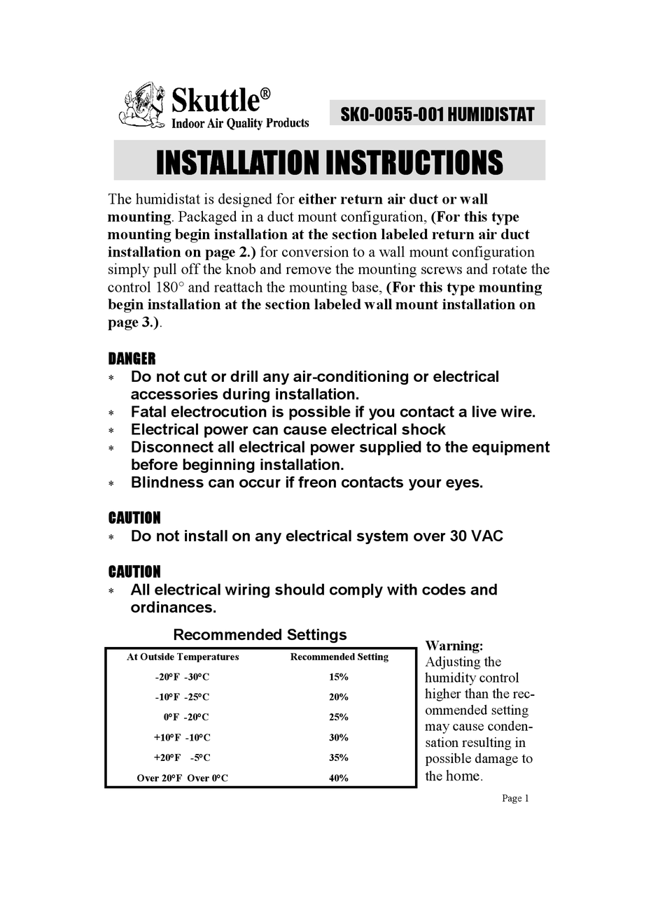 SKUTTLE INDOOR AIR QUALITY PRODUCTS SK00055001 INSTALLATION