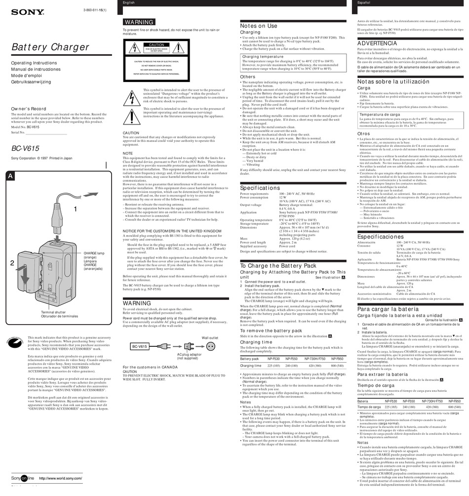 SONY BC V615 OPERATING INSTRUCTIONS MANUAL Pdf Download | ManualsLib