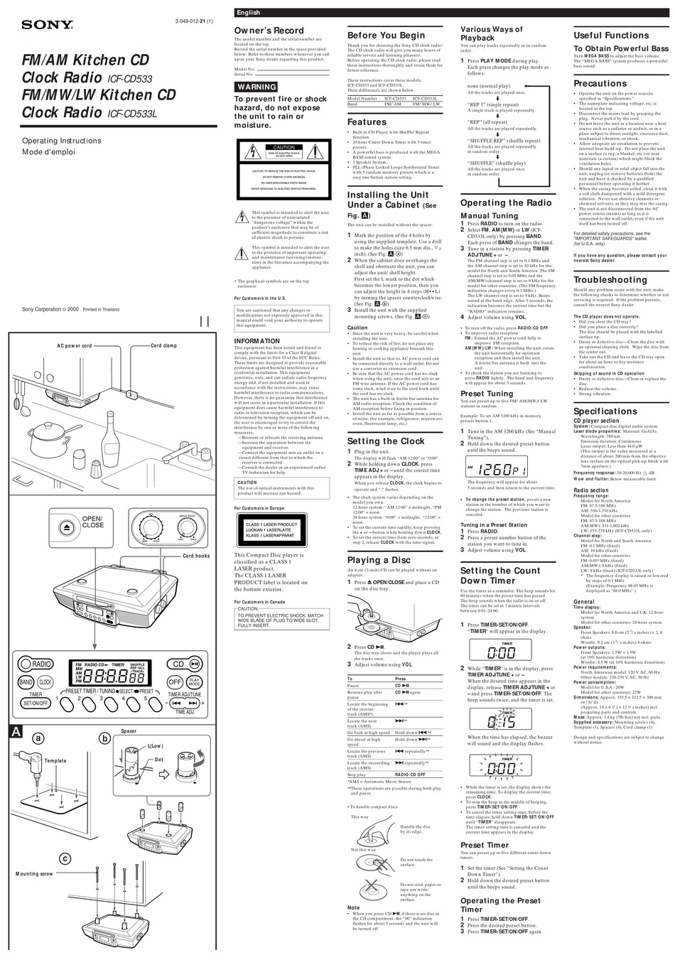 SONY ICF-CD533L OPERATING INSTRUCTIONS Pdf Download | ManualsLib