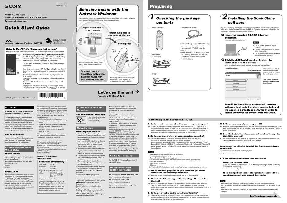 SONY WALKMAN NW-E403 QUICK START MANUAL Pdf Download | ManualsLib