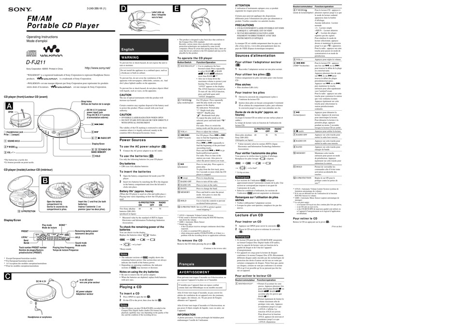 SONY D-FJ211 OPERATING INSTRUCTIONS Pdf Download | ManualsLib