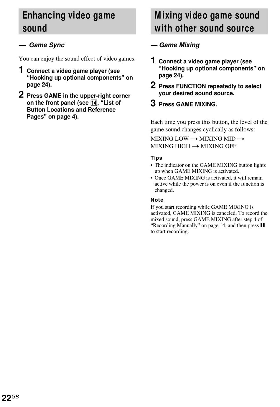 Enhancing Video Game Sound; Game Sync; Mixing Video Game Sound With Other;  Game Mixing - Sony LBT-XGR60 Operating Instructions Manual [Page 22] |  ManualsLib