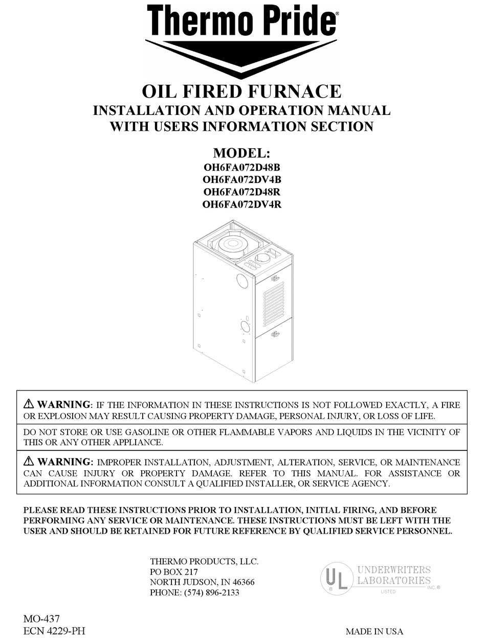 THERMO PRIDE OH6FA072D48B INSTALLATION AND OPERATION MANUAL Pdf ...