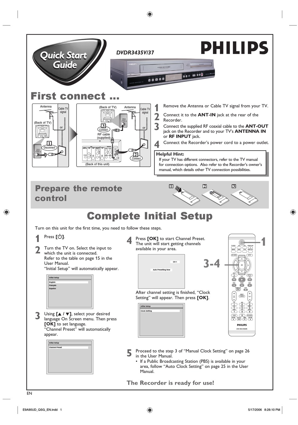 PHILIPS DVDR3435V/37B QUICK START MANUAL Pdf Download | ManualsLib