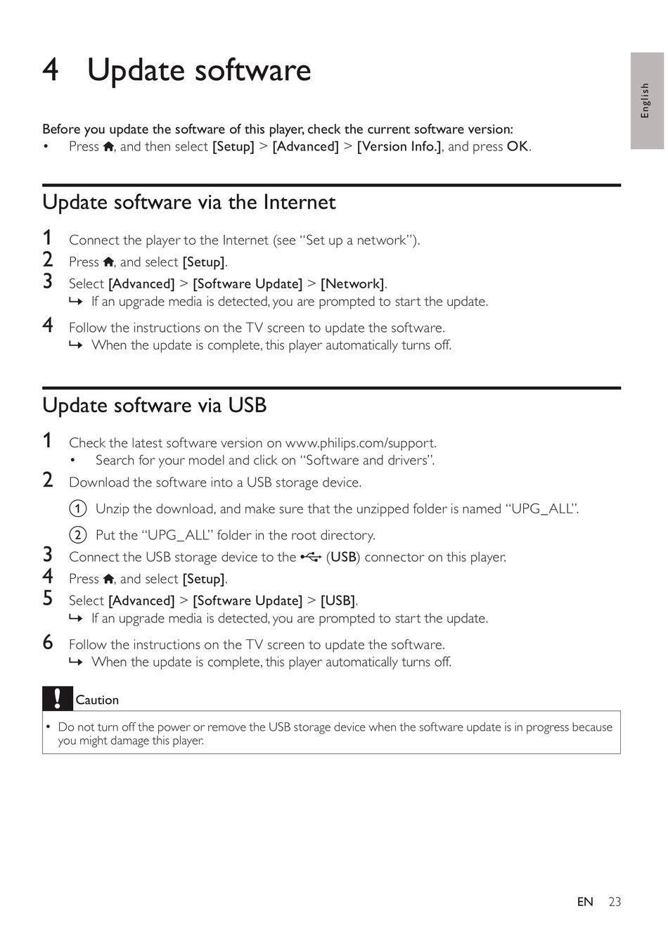 Update Software; Software Internet; Update Software Via Usb - Philips BDP7600/05 User Manual [Page 23] | ManualsLib