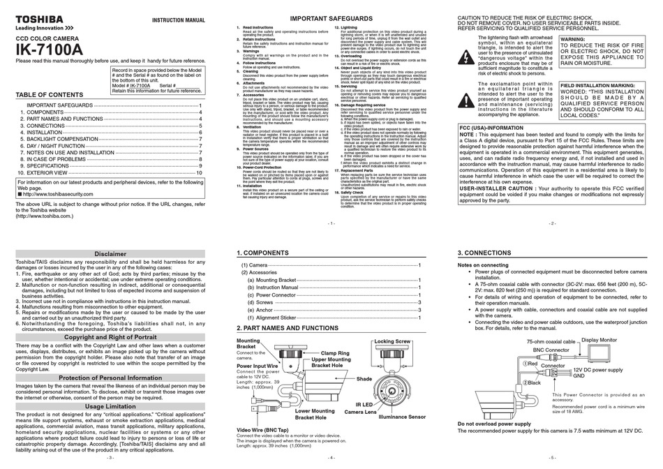 TOSHIBA IK-7100A INSTRUCTION MANUAL Pdf Download | ManualsLib