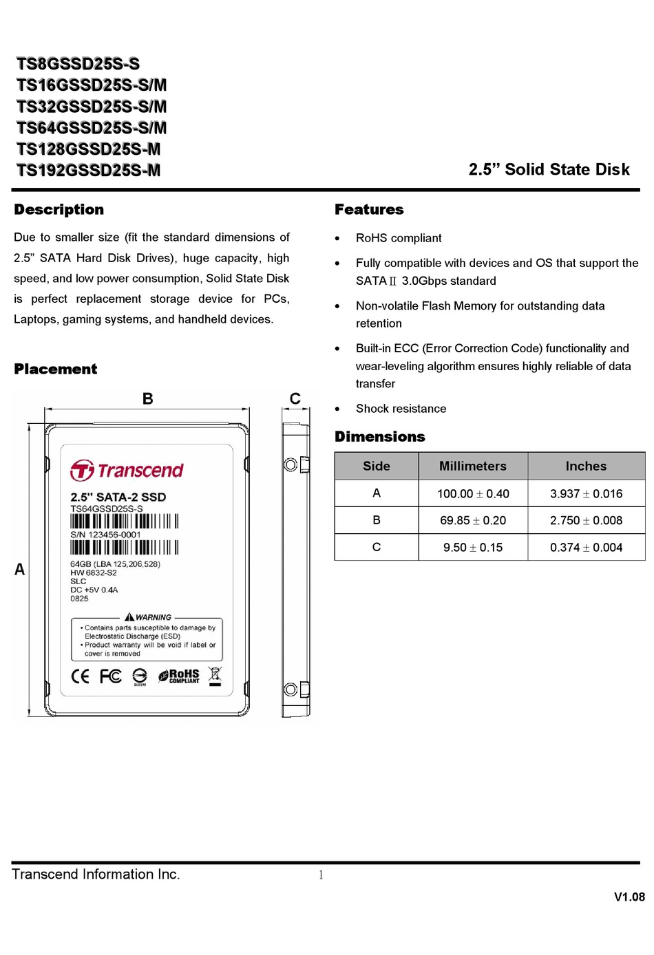 Transcend Ssd25s Datasheet Pdf Download Manualslib