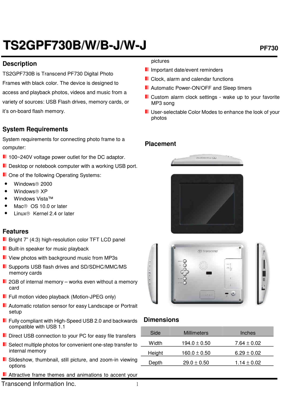 TRANSCEND TS2GPF730K SPECIFICATIONS Pdf Download | ManualsLib