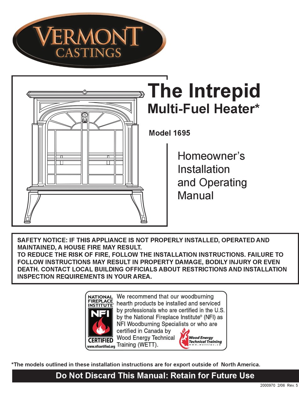 VERMONT CASTINGS INTREPID 1695 INSTALLATION AND OPERATING MANUAL Pdf ...