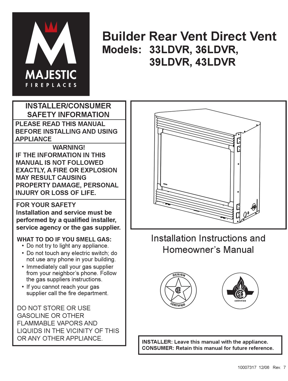 MAJESTIC FIREPLACES 33LDVR INSTALLATION INSTRUCTIONS AND HOMEOWNER