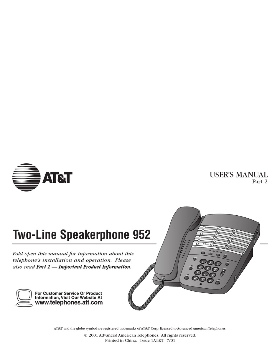 AT&T Two-Line Speaker Phone 952 W/32 Number Memory 