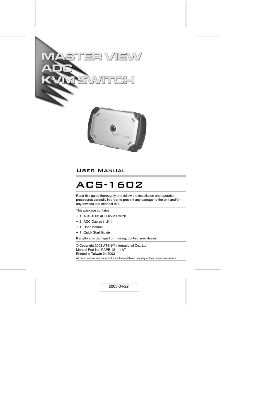 ATEN MASTER VIEW ACS-1602 USER MANUAL Pdf Download | ManualsLib