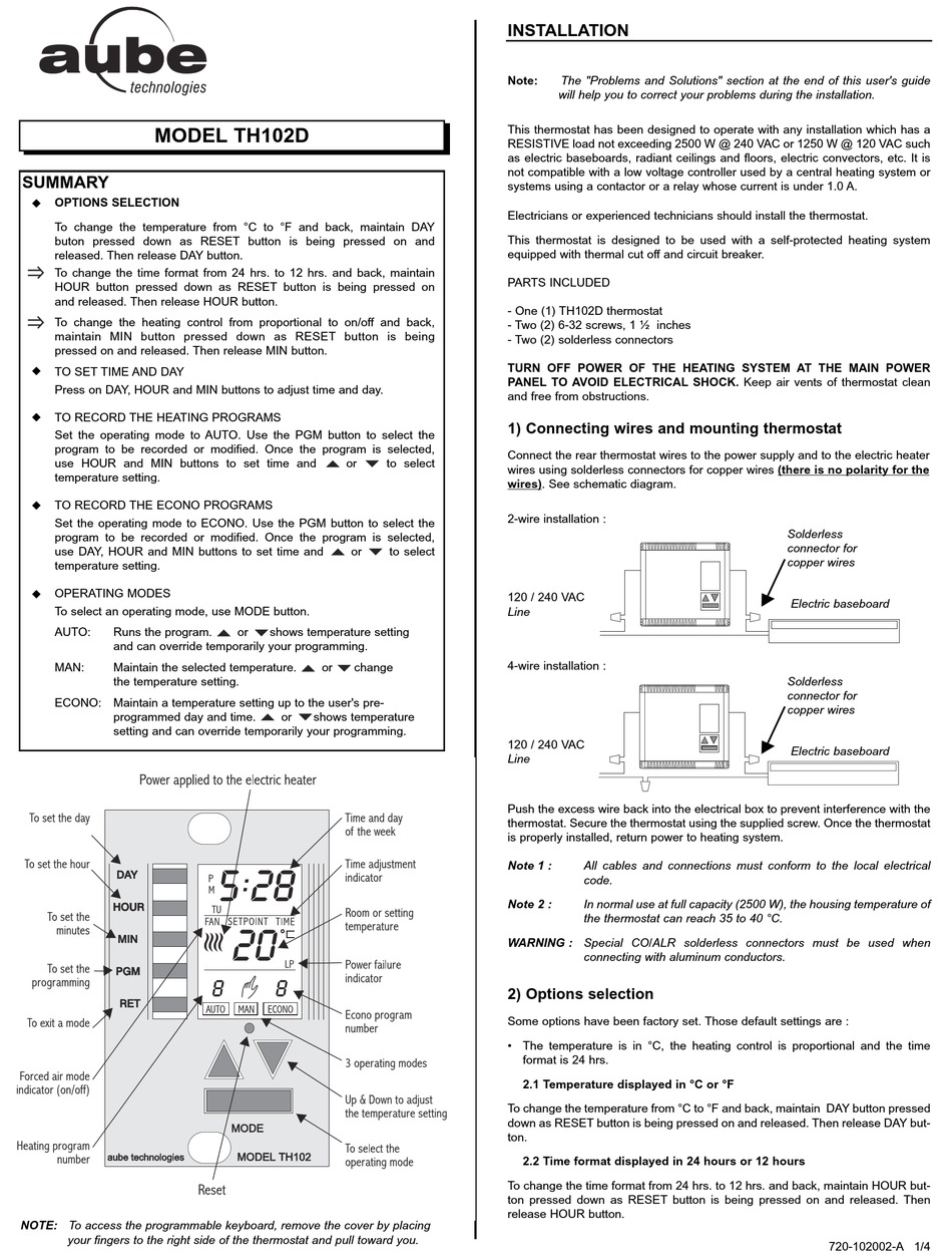 AUBE TECHNOLOGIES TH102D INSTALLATION Pdf Download ManualsLib