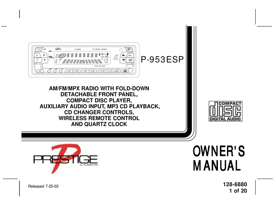 AUDIOVOX PRESTIGE P 953ESP OWNER S MANUAL Pdf Download ManualsLib