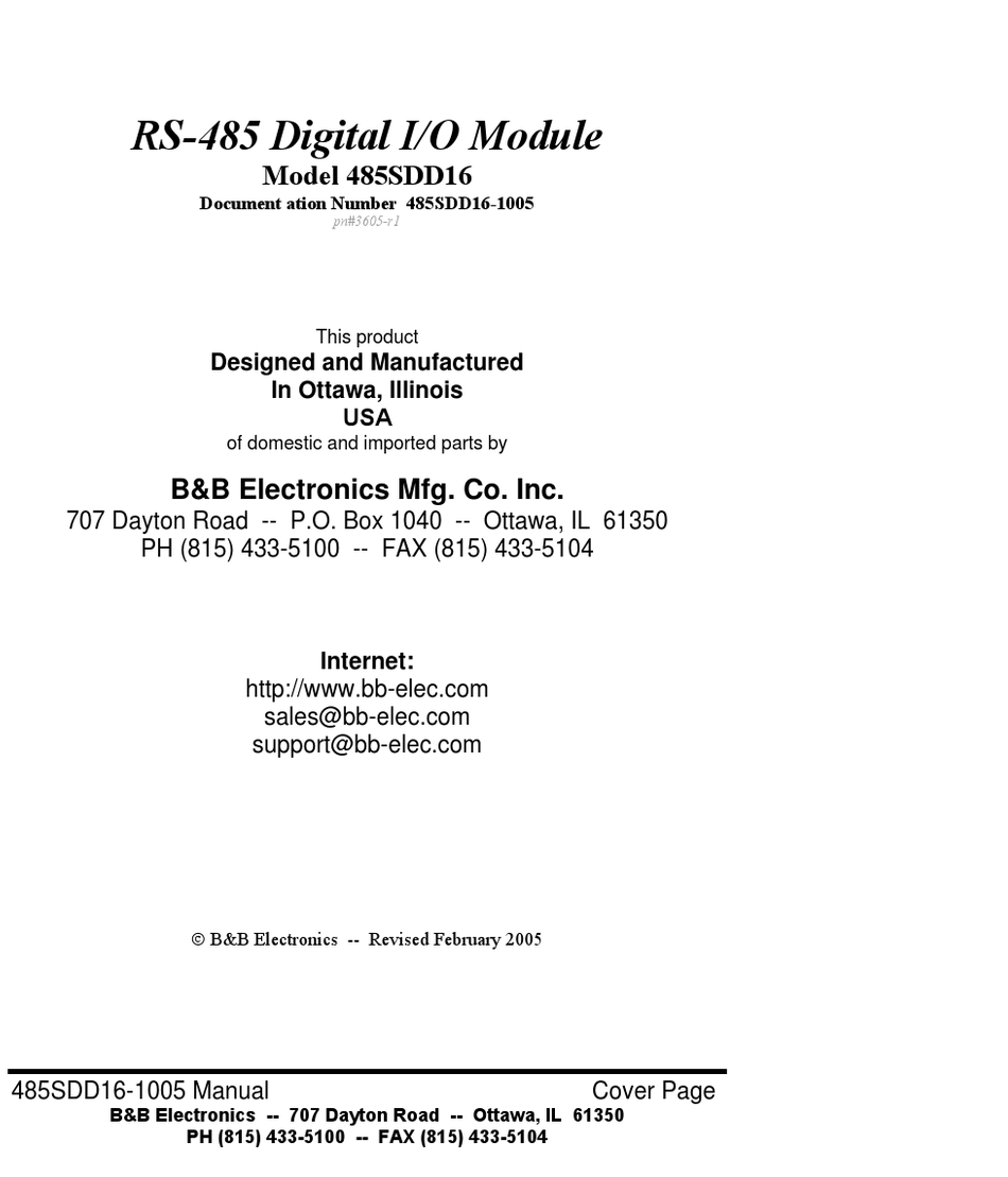 B&B ELECTRONICS RS-485 DIGITAL I/O MODULE 485SDD16 USER MANUAL Pdf ...