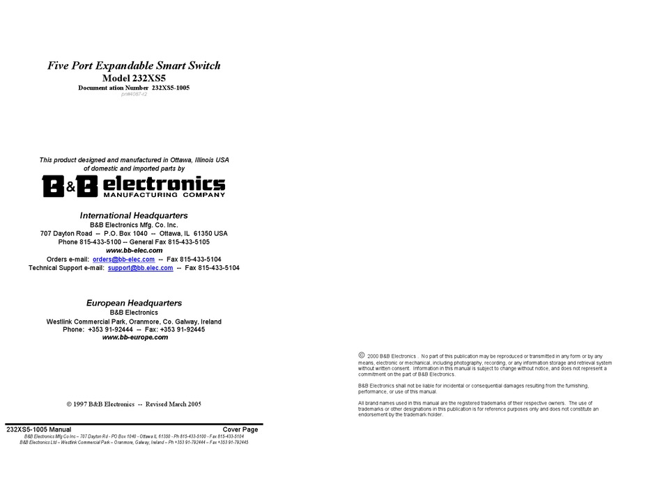 B&B ELECTRONICS 232XS5 INSTRUCTION MANUAL Pdf Download | ManualsLib