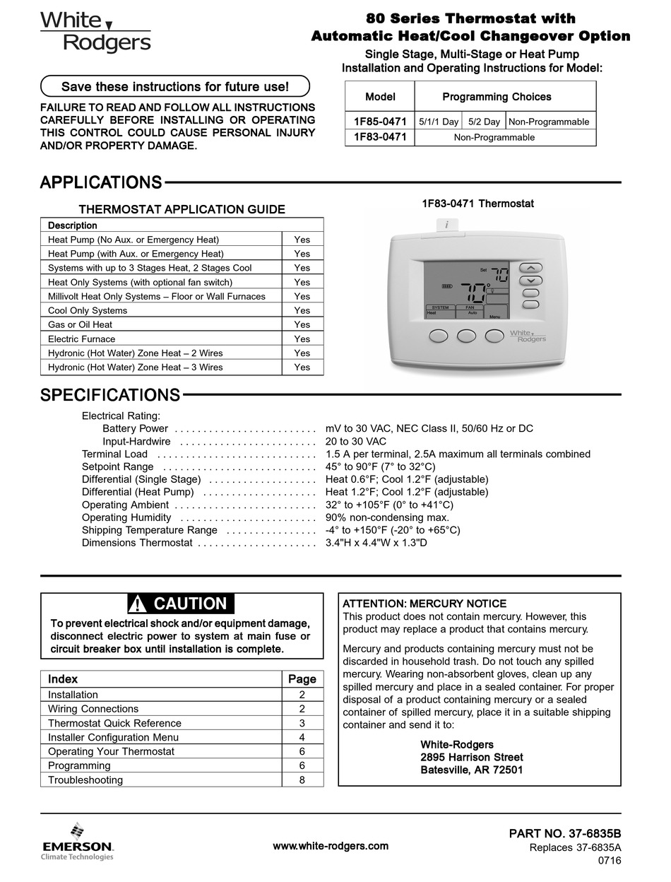 WHITE RODGERS 1F83-0471 INSTALLATION AND OPERATING INSTRUCTIONS MANUAL ...