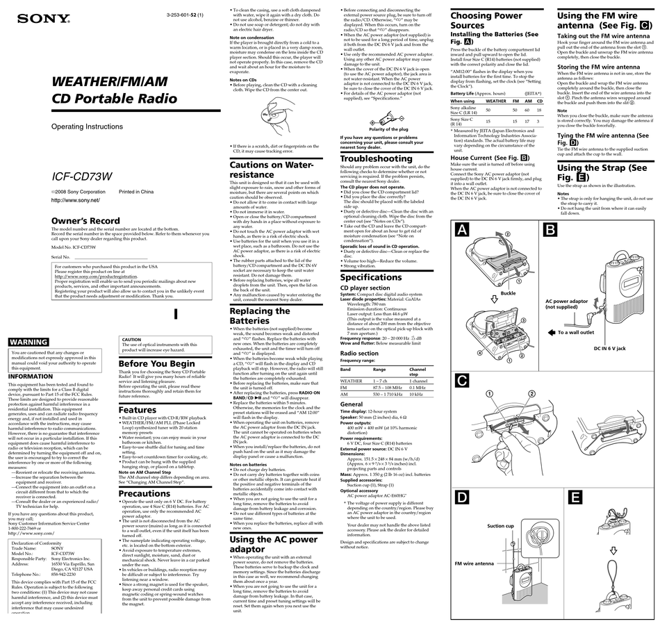 SONY ICF-CD73W PORTABLE RADIO OPERATING INSTRUCTIONS | ManualsLib